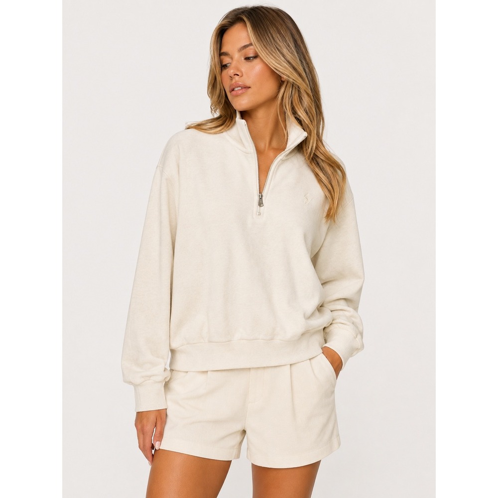 Polo Ralph Lauren Cream Velour 1/4 Zip Pullover Mock Neck Sweatshirt L